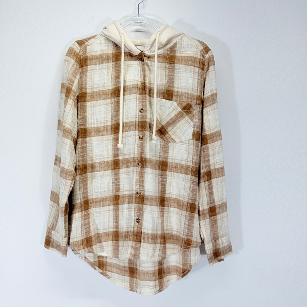 Time and Tru Hooded Flannel Button Up Brown Cream Long Sleeve Shirt Size M 8-10